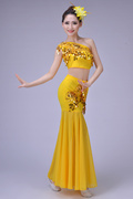 ！烟波绿舞蹈表演出孔雀服装民族服饰傣族舞蹈演出女-黄色