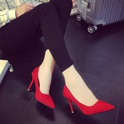 红色婚鞋绒面中跟3-5cm秋季女高跟鞋细跟百搭7-9公分单鞋工作职业