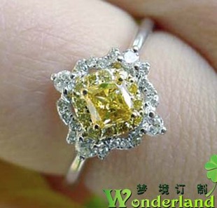 天然群镶公主方钻石戒指垫形彩钻戒指黄钻戒指18K金39.2分