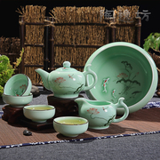 龙泉青瓷茶具套装创意青花金鱼杯浮雕陶瓷纯手工手绘功夫茶具整套