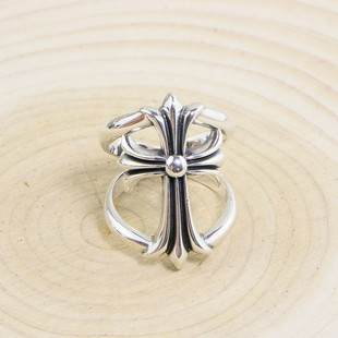 潮人朋克创意双层十字架，戒指男韩国个性饰品女原宿风霸气纯银指环
