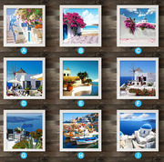 地中海风格装饰画客厅画框三联壁画，有框画餐厅照片，墙蓝色风景挂画
