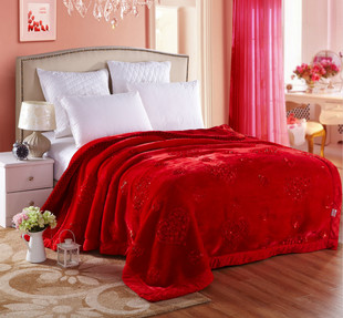 恒源祥婚庆拉舍尔毛毯双层大红色绣花结婚送礼双人加厚盖毯冬季毯