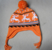 冬季儿童保暖毛线帽双层针织帽子鹿鹿提花护耳瓢虫帽男女防寒帽