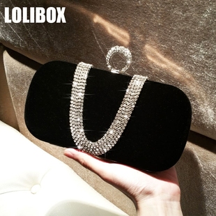 lolibox定制丝绒水钻指环包女小手拿包晚宴包链条(包链条)斜跨宴会包