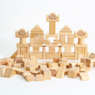 木制桶装大块环保，原色原木积木蒙台梭利儿童，蒙氏早教益智玩具