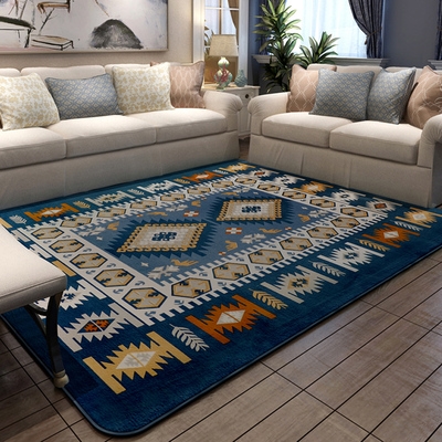 客厅地毯地中海茶几珊瑚绒不掉毛长方形卧室床边毯田园花朵可