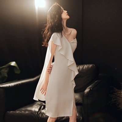 洋装白色小晚礼服裙女夏法式气质短款单肩平时可穿宴会主持连衣裙