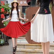 夏季纯色雪纺半身裙白色红色，复古a字大摆裙半截裙大码过膝中裙女