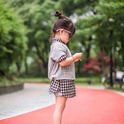 女童短袖黑白格子长款衬衣 可做连衣裙 夏装棉麻日系学院衬衫裙子