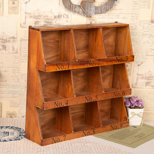 zakka杂货复古做旧木色桌面木质收纳柜 梯形九格展示柜
