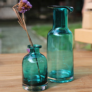 创意zakka简约透明蓝色，玻璃花瓶绿萝水培花瓶，餐桌摆件zakka海
