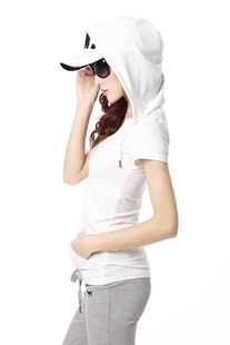 夏季v领上衣女2021修身纯棉带帽黑色体恤连帽短袖纯白色t恤女