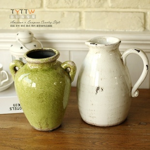 法式乡村地中海做旧陶瓷花瓶，白色把式花瓶，暗绿色复古花器花壶