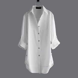 白色衬衫女中长纯棉2023年春打底显瘦时尚款洋气外穿长袖衬