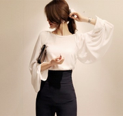 2024春季韩版纯色灯笼长袖衬衫，女宽松雪纺，圆领套头打底上衣潮