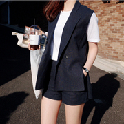韩版夏季棉麻西服马甲短裤，套装女亚麻两件套薄款西装坎肩短裤套装