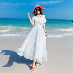 夏女海边度假裙沙滩裙，抹胸雪纺晚会，礼服连衣裙一字领露肩白色长裙
