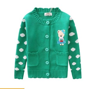小童春秋季毛衣厚版针织开衫，纽扣绿色宝宝外套修身甜美可爱