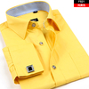 春季商务法式衬衫男长袖，修身免烫格子，领休闲黄色衬衣男寸衫袖扣款
