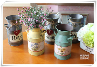 美式乡村田园复古做旧铁皮花桶 铁质花器 插花花瓶 家居装饰摆件