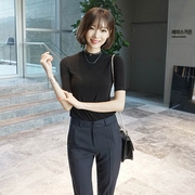 棉中袖t恤女修身半高领紧身外穿五分袖，韩国黑色打底衫秋女装上衣