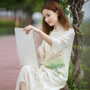 伶俐柠檬原创设计10651中国风女装长袖连衣裙手绘民国文艺范长裙(范长裙)