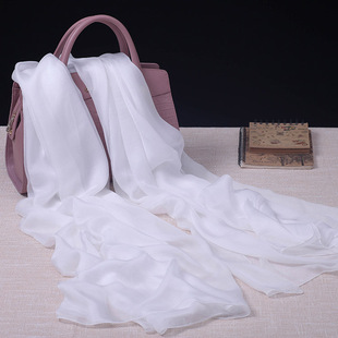 纯色真丝丝巾100%桑蚕丝秋冬韩国高档围巾白色长款女百搭披肩时尚