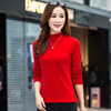 2023韩版上衣纯棉高领打底衫，修身净色t恤女长袖纯大红色秋装外穿