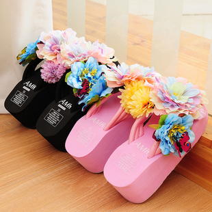 夏季女韩版大花朵拖鞋厚底蝴蝶，人字拖坡跟高跟松糕跟潮拖沙滩凉拖
