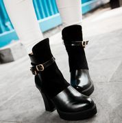大码女靴40-43大码短靴子，粗跟皮带扣防水台超高跟，英伦马丁靴帅气