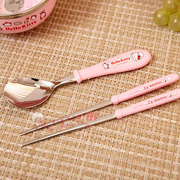 韩国进口乐扣HelloKitty不锈钢儿童餐具套装KT猫树脂把调羹勺筷子
