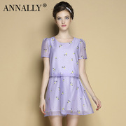annally气质夏装浅紫色印花上衣，短裙两件套休闲时尚套装女夏