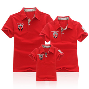 幼儿园亲子装班服定制夏大码一家三口家庭装翻领T恤短袖polo衫红