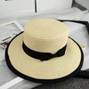 夏季平顶英伦草帽小礼帽，女蝴蝶结海边沙滩帽韩版白色草帽遮阳帽