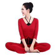瑜伽服套装中国红三件套莫代尔纯棉修身舞蹈服健身运动性感女