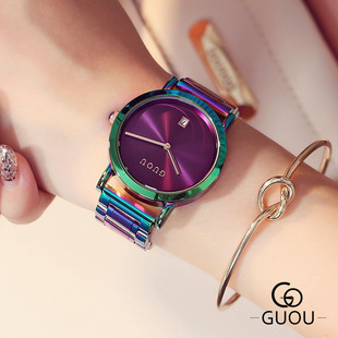 香港古欧GUOU牌潮流行韩版奢华炫彩色钢带手表学生日礼物