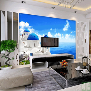 希腊爱琴海主题壁画电视，沙发背景墙壁纸地中海风格，海洋墙纸无纺布