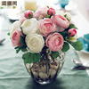 茶玫仿真花套装欧式典雅客厅餐桌，白色绣球玫瑰，假花玻璃透明彩色瓶