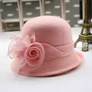 粉色羊毛呢帽子女秋冬天盆帽花朵麻纱毛毡礼帽圆顶短檐显瘦渔夫帽