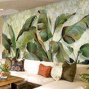 大型油画东南亚芭蕉叶墙纸壁画无缝绿色墙布热带雨林背景墙壁纸