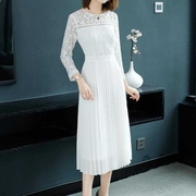 2020春季白色雪纺，蕾丝拼接连衣裙女中长款气质，超仙百褶裙长裙