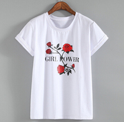 速卖通 亚马逊 WISH外贸红玫瑰原宿T恤女士夏季休闲短袖G222