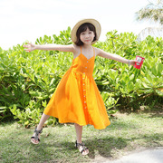 韩版母女亲子装长裙夏季吊带背心女童纯棉淑女连衣裙纯色