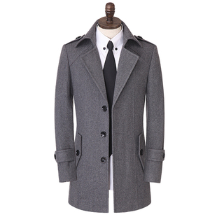 新韩版春秋冬季羊毛呢，修身中长款单排扣商务，休闲男装风衣大衣外套