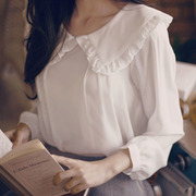 韩国风(韩国风)秋装娃娃领长袖雪纺衫打底衫女款白色，上衣灯笼袖荷叶边衬衫