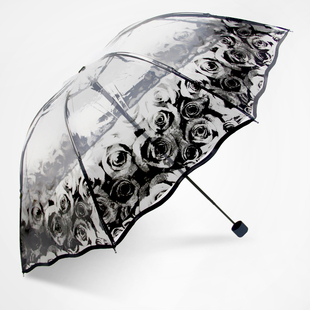 加厚折叠透明伞日韩三折伞，公主雨伞小清新玫瑰，樱花创意拱形伞