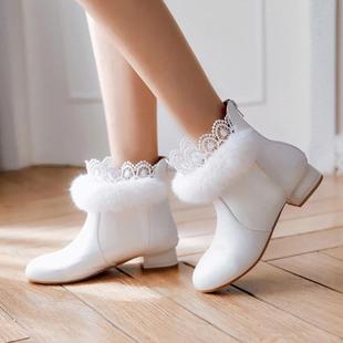 秋冬靴子女短靴，甜美低跟可爱蕾丝花边兔毛洛丽塔，lolita学生女靴子