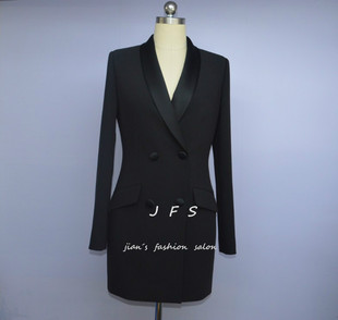 jfs原创设计欧美范缎面(范缎面)青果领双排，扣修身包臀中长款西装