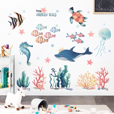 X卡通海底海豚墙贴画可爱儿童房卧室墙纸自粘浴室装饰防水贴.